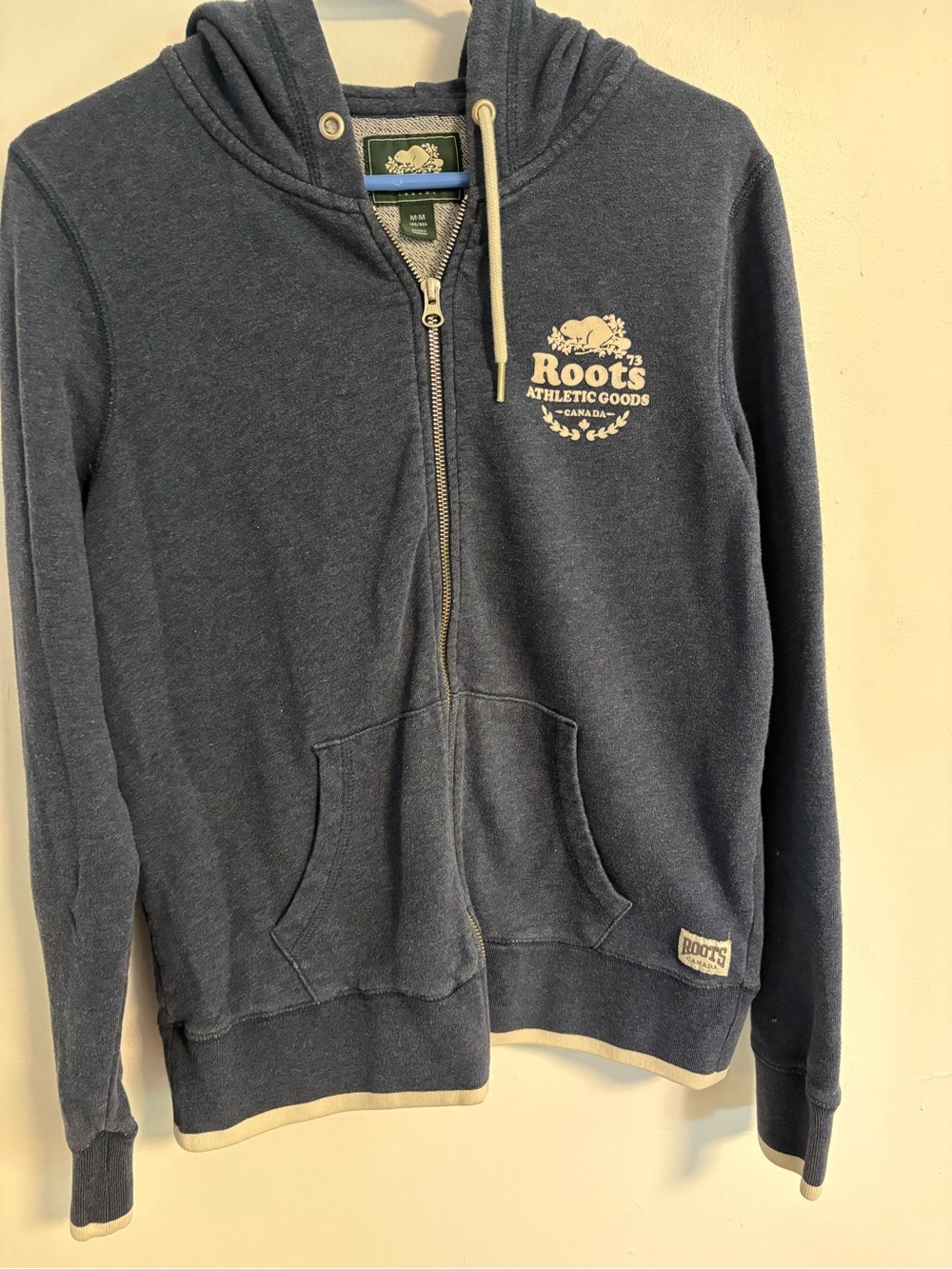Roots Navy Blue Zip-Up Hoodie with Cream Accents